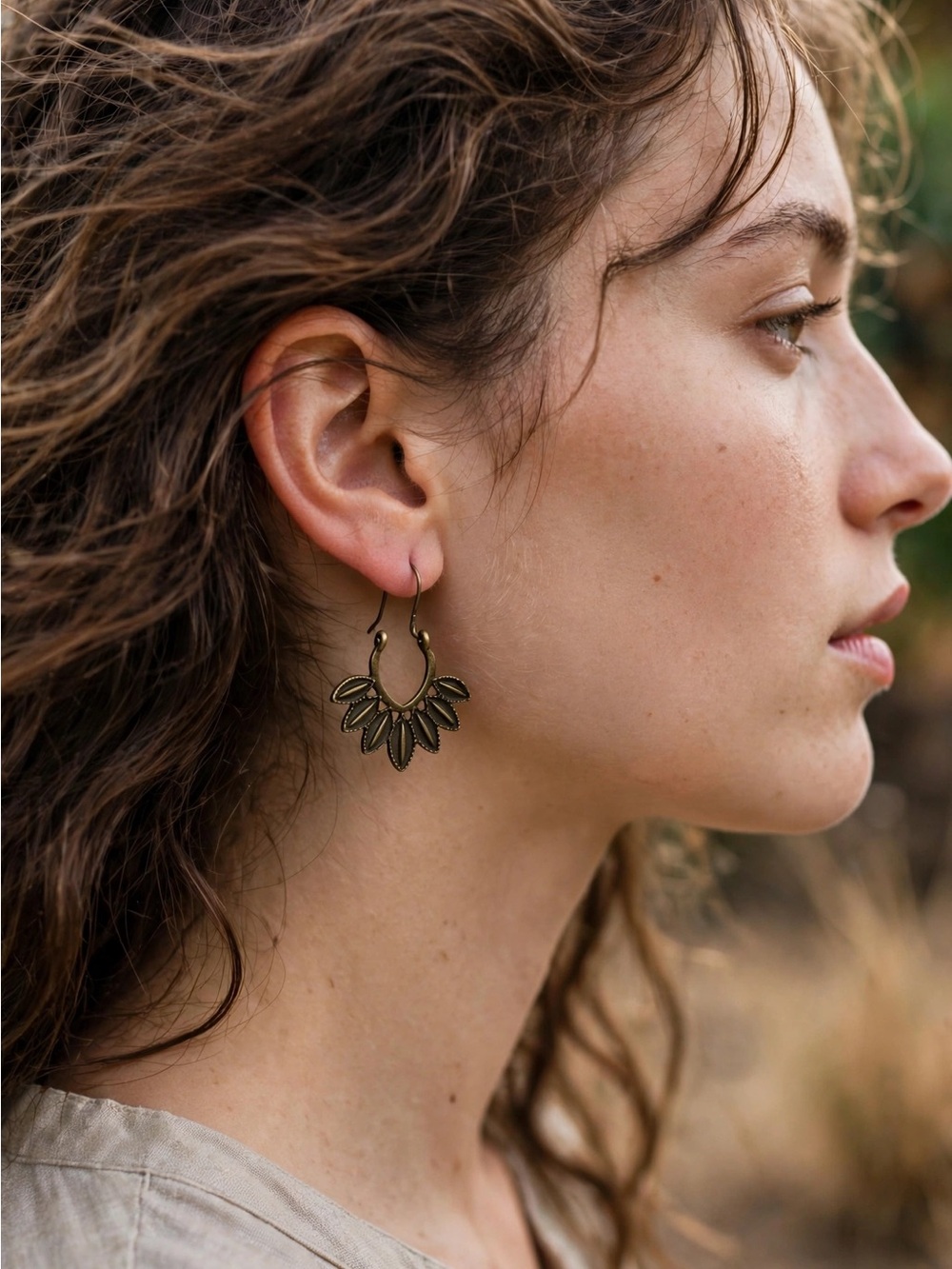 NWT Vintage Tribal Fan Hoop Earrings Antique Bronze Leaf Latch Hook E108